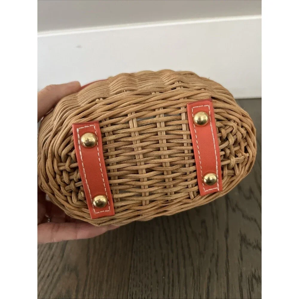 TOMMY BAHAMA Flap Picnic Basket Cross-body Straw Bag Coral Leather Studs NWT - Picture 6 of 8